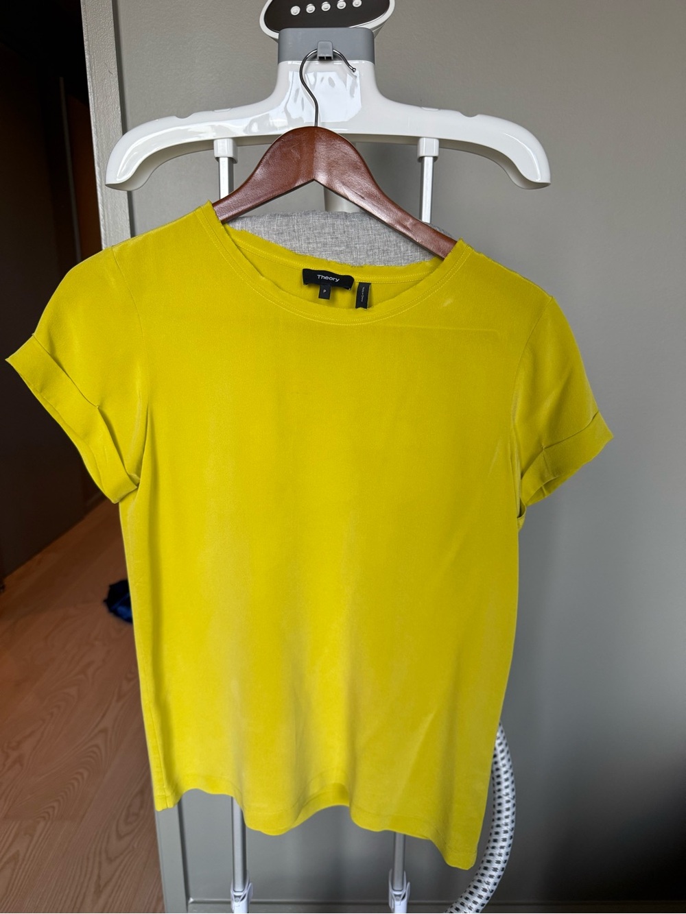 Theory Short Sleeve Silk Top in Chartreuse Yellow
